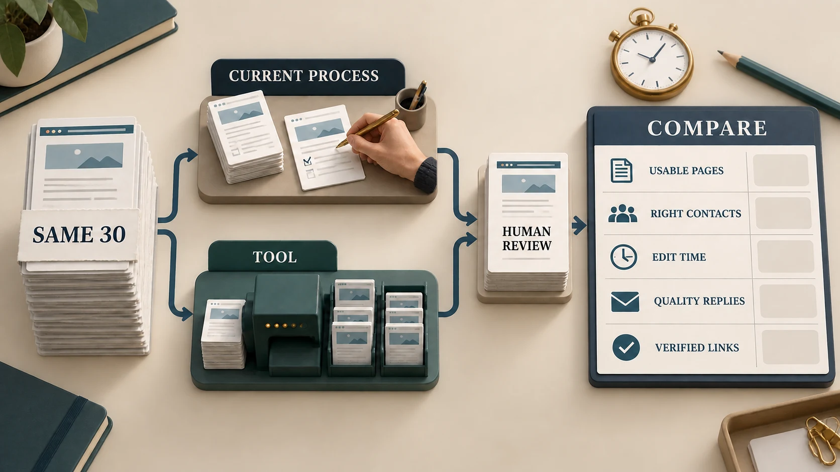 The same 30 link prospects run through a current process and a tool before human review and comparison.
