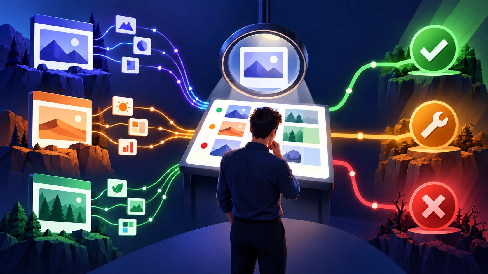 Competitor backlink pages flow through an analyst review into pursue, build first and exclude decisions.