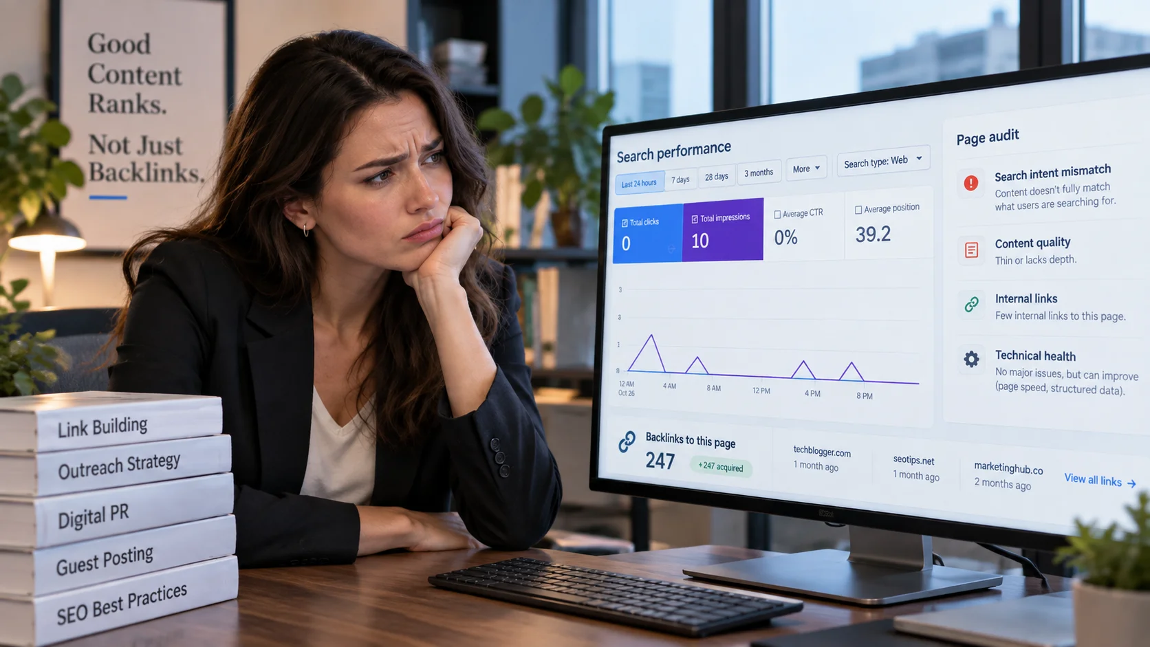 Confused SEO professional reviewing a page with many backlinks but no search clicks