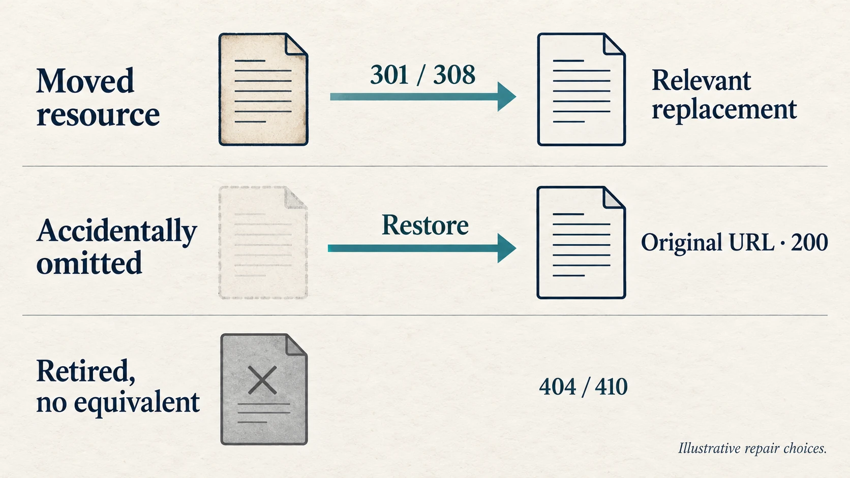 Three repair choices show a moved resource redirecting to a relevant replacement, an omitted resource restored at its original URL, and a retired resource remaining 404 or 410.