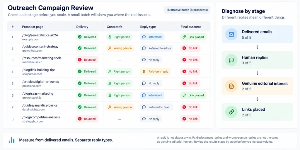 Example outreach campaign review showing delivery, contact fit, reply type and links placed across eight prospects