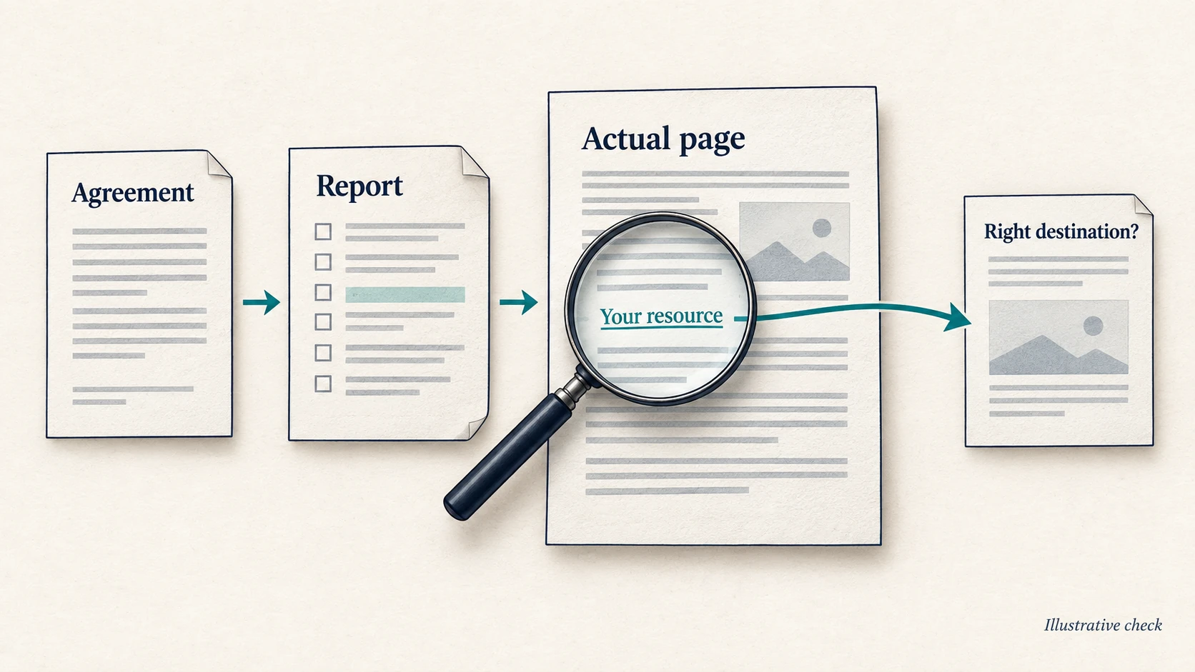 A verification chain compares an agreement and delivery report with the actual linking page and its destination.