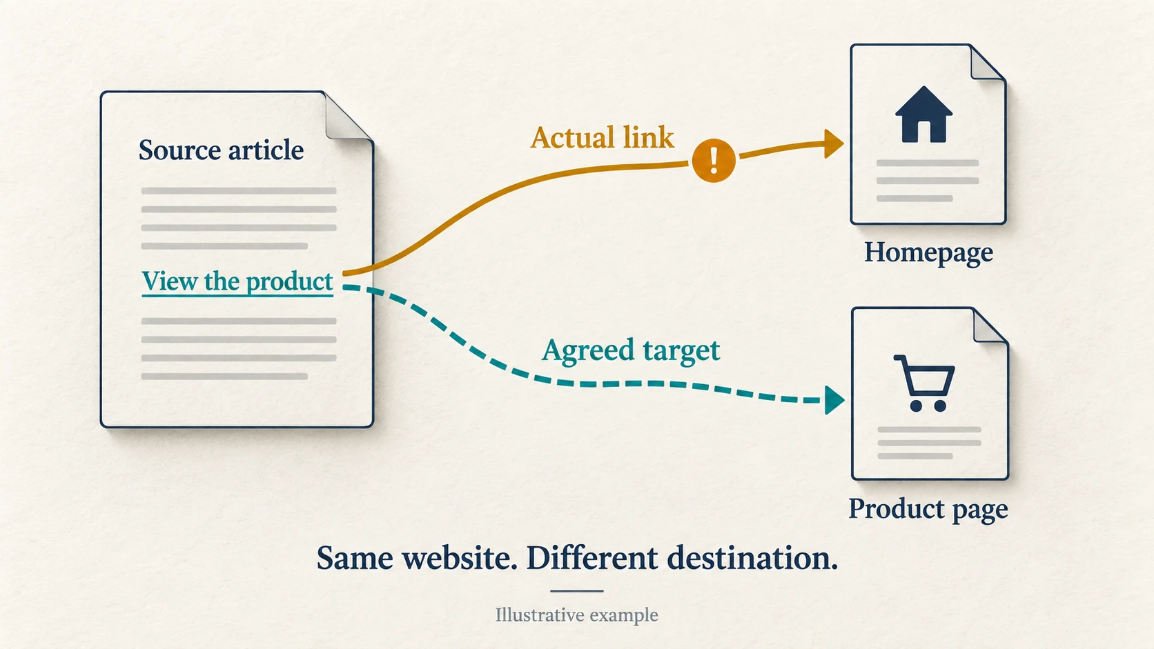 Diagram comparing an actual link to a homepage with the agreed target on a product page of the same website.