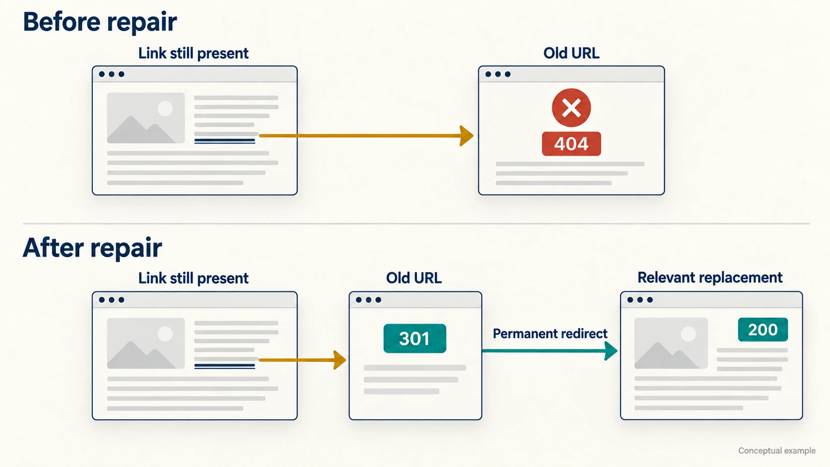 Before and after a URL repair: a live source link points to a 404, then the old URL redirects with 301 to a relevant 200 page.