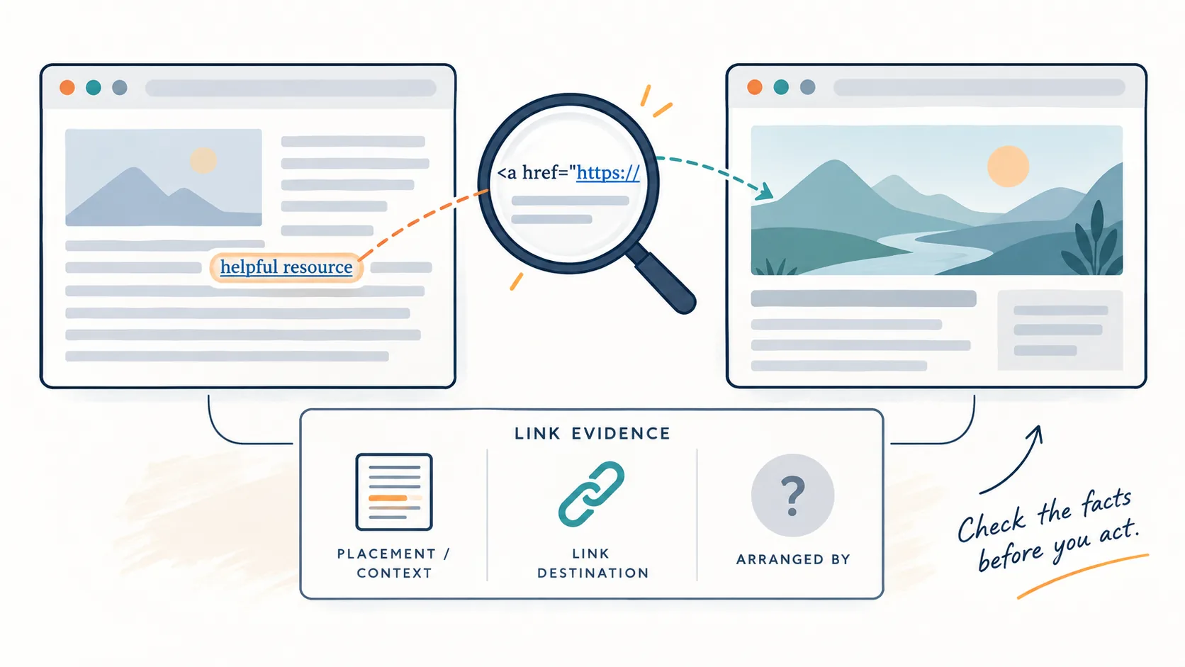 Illustrative source page with one linked phrase traced to its destination, plus checks for placement and an unresolved question about who arranged the link.