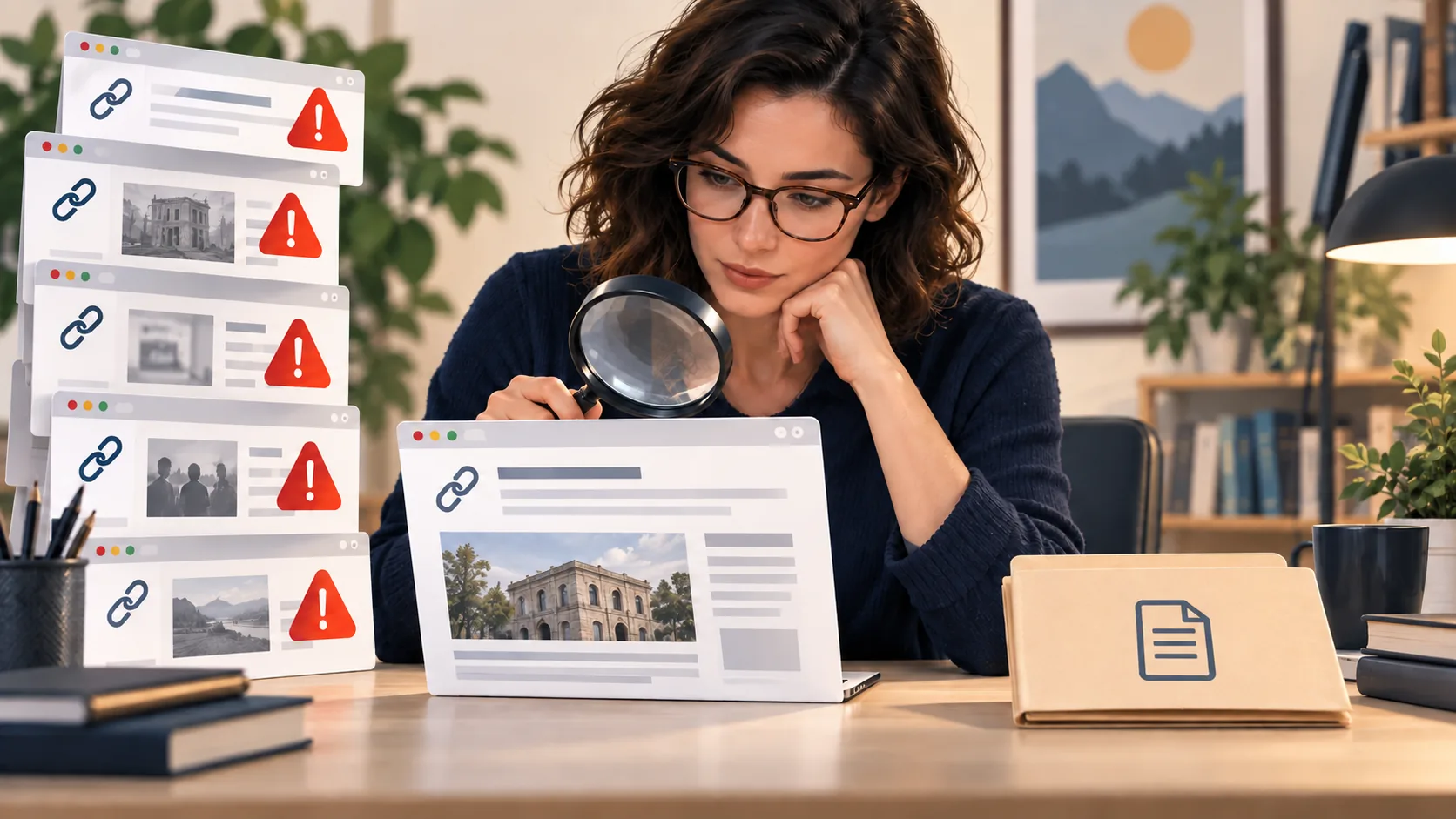 An SEO analyst inspects a flagged source page while several backlink alerts and an unopened disavow-file folder sit nearby.