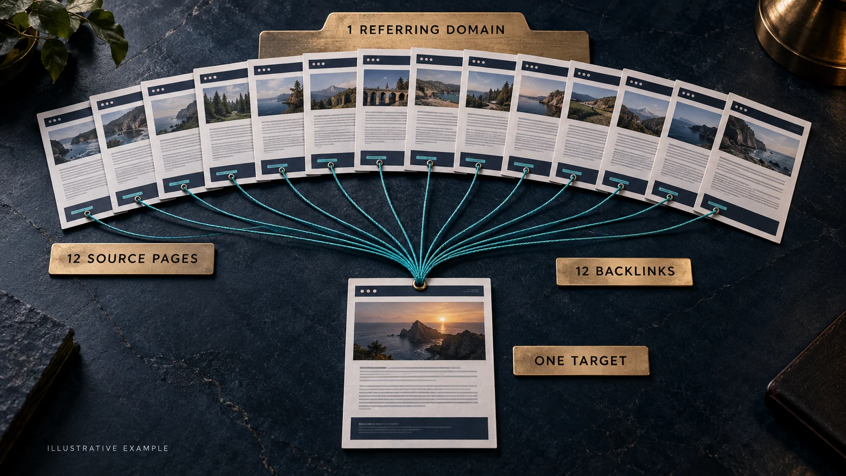 A realistic illustrative audit shows twelve source pages from one website repeating the same footer link to one target, producing twelve backlinks from one referring domain.