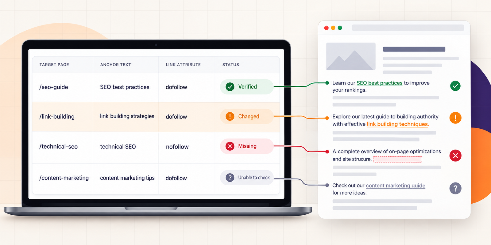 Backlink management dashboard comparing expected link details with the live source page