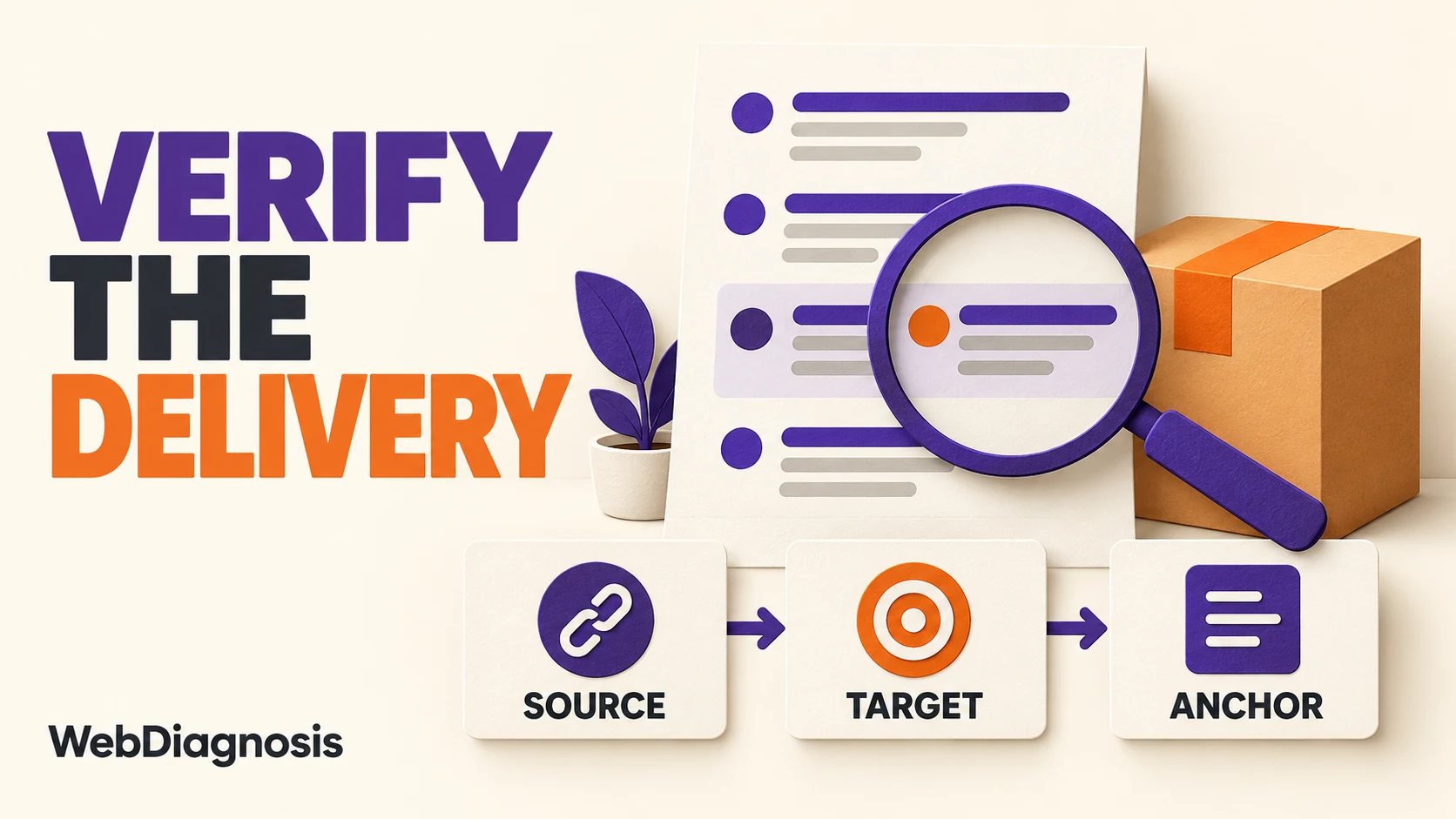 Delivery sheet and magnifying glass checking backlink source, target and anchor details.