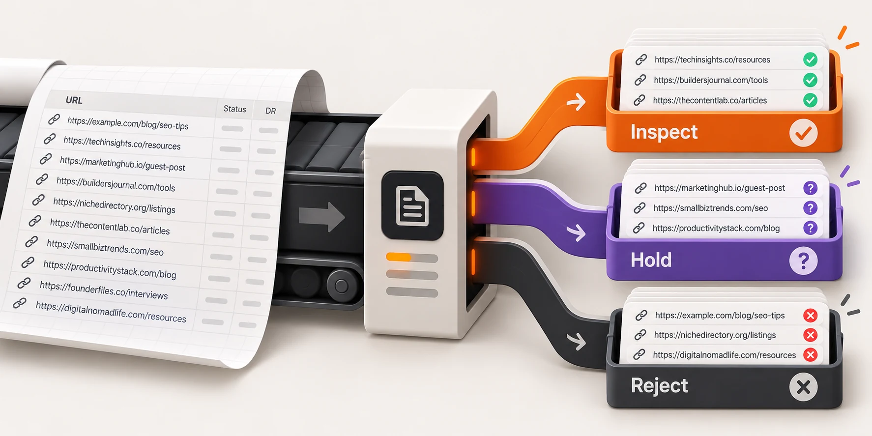 A backlink export spreadsheet is sorted into inspect, hold and reject prospect queues.